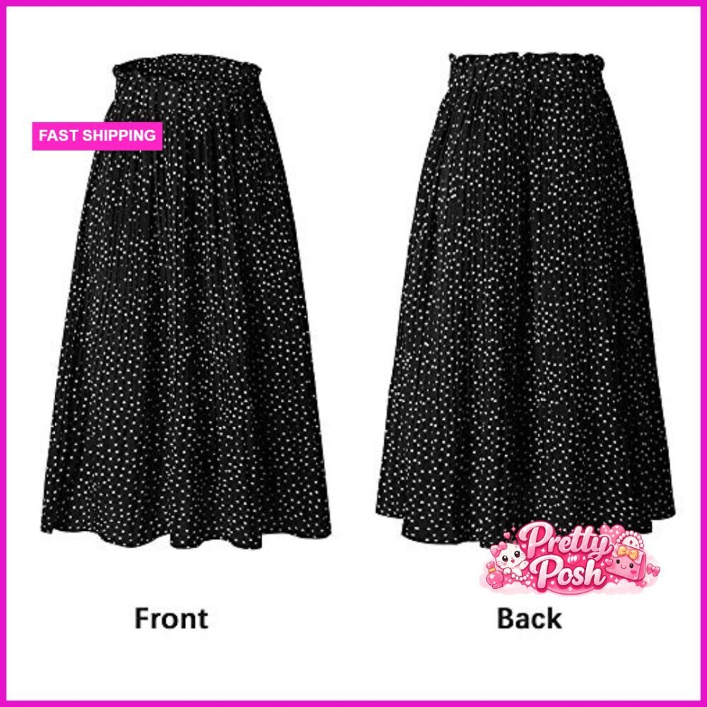 High Waist Polka Dot Pleated Maxi Midi Skirt with Pockets - Picture 3 of 7